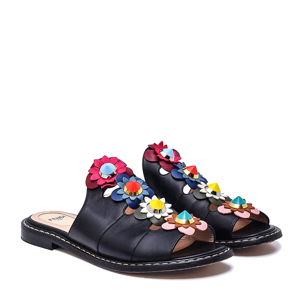 Fendi - Black Floral Leather Slipper 37.5